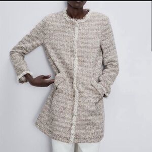 Like NEW Zara Tweed Multicolor Neutral Textured Weave Frayed Edges Blazer CoatXS